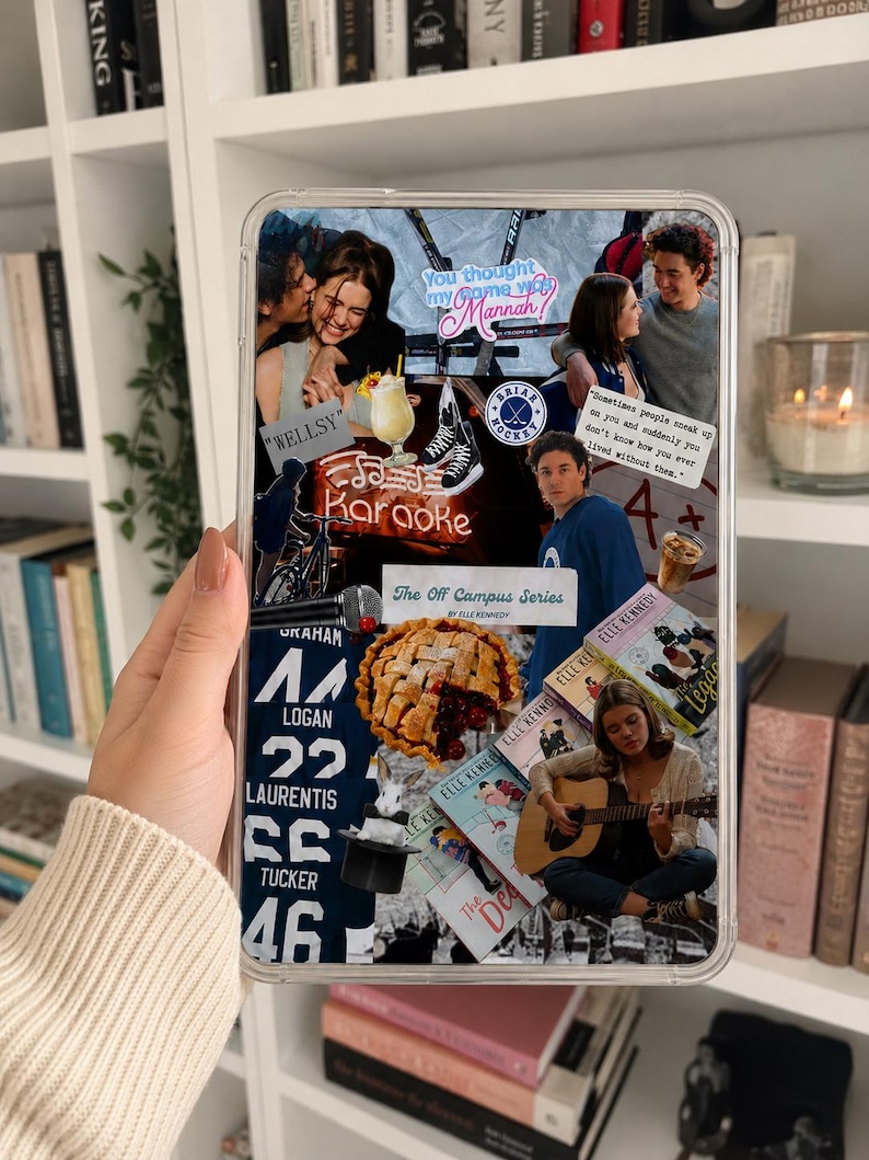 Digital kindle insert for a clear case with a collage design about the OffCampus books and TV series on Amazon Prime with Garrett Graham & Hannah Wells. The case features various images, including a guitar, cherry pie, karaoke, kissing couples Garrett Graham and Hannah and text that reads "The deal” by Elle Kennedy and "OFF CAMPUS."