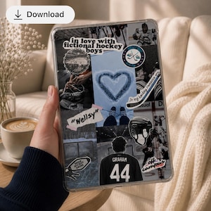 May include: Clear tablet case with a collage design featuring hockey-related images and text. The text includes "in love with fictional hockey boys", "Wellsy", and "Graham 44". The design incorporates a blue heart and hockey equipment.