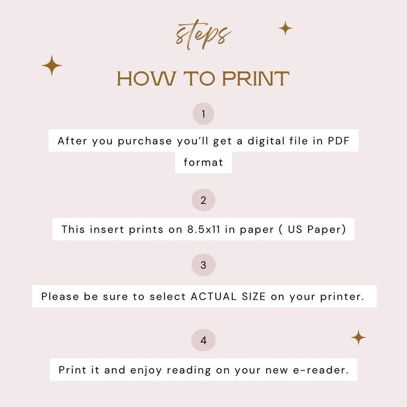 Może przedstawiać: Jasnor&oacute;żowa grafika instruktażowa zatytułowana steps HOW TO PRINT z czterema numerowanymi krokami. Tekst opisuje otrzymanie pliku PDF, drukowanie na papierze 21,59x27,94 cm, wyb&oacute;r rzeczywistego rozmiaru na drukarce oraz czytanie.