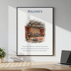 May include: A framed wall art print featuring a sketch of a music stage with red curtains and musical instruments. The text MALONE'S appears at the top, and a quote about the walls at Malone's and Briar is printed in dark blue at the bottom.