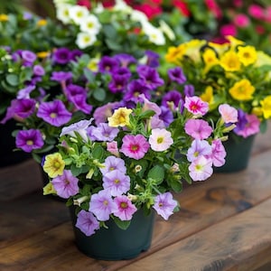 Puede incluir: Petunias en maceta en plena floración, mostrando una variedad de colores que incluyen púrpura, rosa, amarillo y blanco. Las flores están en macetas verde oscuro, sobre una superficie de madera.