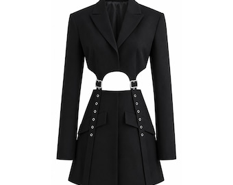 Gothic Cut-Out Blazer Dress, Buckle Strap Suit, Dark Academia Pleated Mini Coat