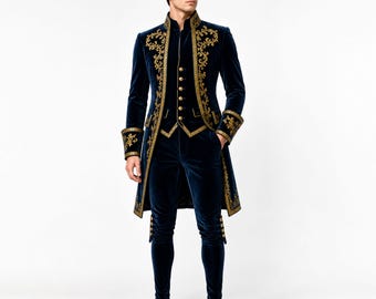 Cappotto vittoriano da principe per uomo, frac ricamato in velluto blu, giacca da matrimonio gotica, costume rinascimentale