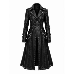 Women's Black Gothic Leather Trench Coat, Punk Studded Long Jacket, Alternative Biker Overcoat