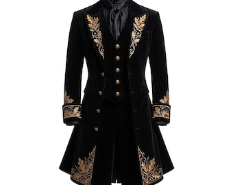Men's Black Cotton Gothic Tailcoat - Gold Floral Embroidery Victorian Jacket, Steampunk Pirate Overcoat