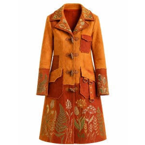May include: A long, orange and rust-colored coat featuring a patchwork design, toggle closures, and detailed botanical embroidery of ferns and wildflowers on the lapels, cuffs, and lower hem, with two front pockets and metal ring accents.