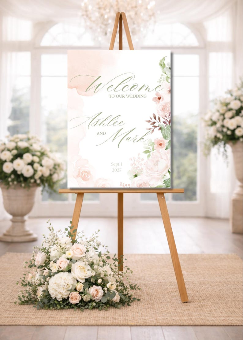 Blush Floral Wedding Welcome Sign Template | Editable Canva Bundle ...
