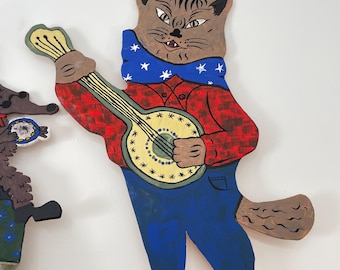 Guitar playing folk-art cat. Hand-painted wooden cutout.