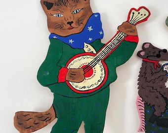 Guitar playing folk-art cat. Hand-painted wooden cutout