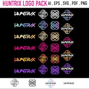 May include: A black background showcases multiple versions of the "HUNTRIX" logo. The logo includes a stylized wordmark and geometric icon, presented in various colour gradients, including white, blue, yellow, and pink. The text "HUNTRIX LOGO PACK AI, EPS, SVG, PDF, PNG" is at the top.