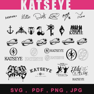 Puede incluir: Una colección de gráficos y logotipos en blanco y negro, que incluyen firmas, ancla, explosión de estrellas, cerezas, llave y texto estilizado. La palabra "KATSEYE" aparece varias veces, junto con el texto "Gharle" y "Touch".