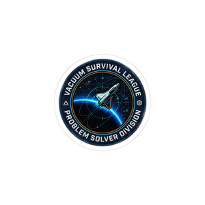 May include: A round sticker with a space theme. The sticker features a spaceship, a blue planet, and the text "VACUUM SURVIVAL LEAGUE PROBLEM SOLVER DIVISION" in a circular design. The design has a white border.