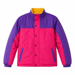 May include: A colour-blocked puffer jacket featuring a vibrant hot pink main body and sleeves with deep purple panels across the upper chest and shoulders. The jacket includes a high collar lined with mustard yellow fleece and a front snap closure.