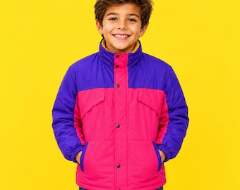 90s Retro Colorblock Kids Windbreaker Jacket – Neon Vintage Puffer Coat for Boys & Girls