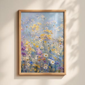 Cuadro decorativo de flores de pradera azules y amarillas, estampado floral en tonos pastel suaves, póster decorativo botánico de estilo cottagecore para sala de estar.
