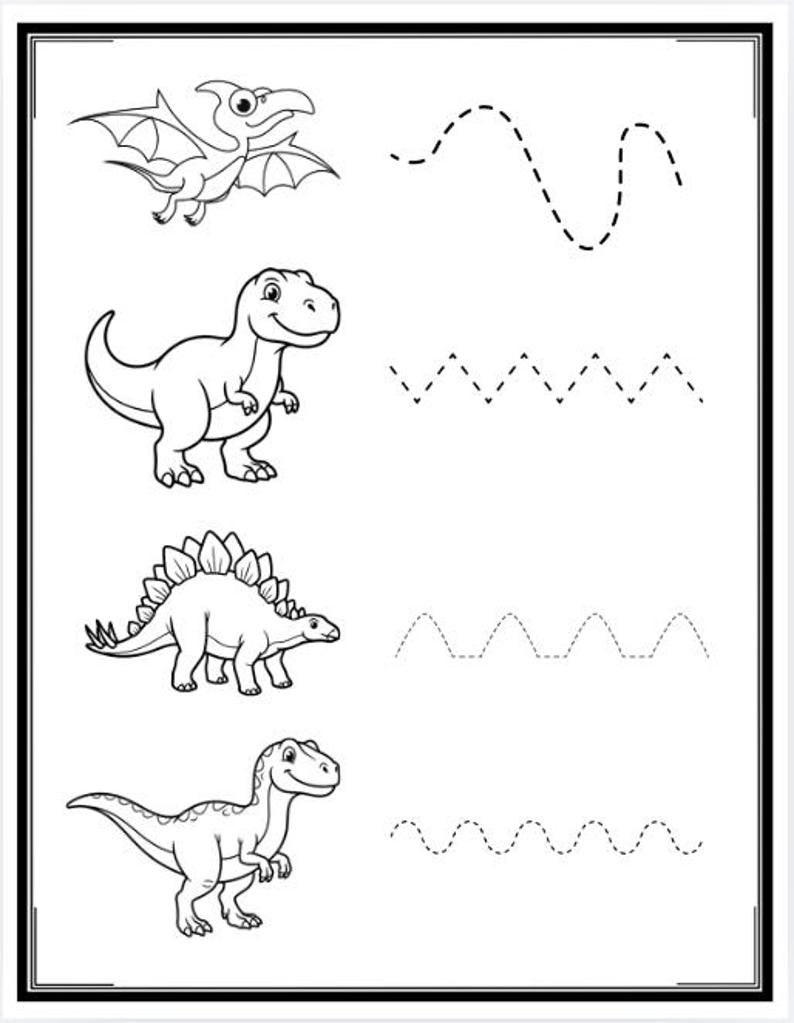Tracing Raptor Dinosaur Trace & Color Worksheets Printable for Kids | Line Tracing ...