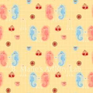 May include: A repeating pattern on a yellow grid background featuring seahorses, cherries, teacups, and cookies. The seahorses are in blue and coral, with small white tables. The text "B. Marie's Artistry Lab" is at the bottom.