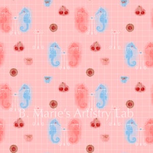 Digital Seamless File Pink and Blue Watercolor Seahorse Tea Time