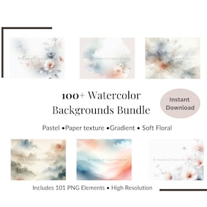 Puede incluir: Un paquete de arte digital con más de 100 fondos de acuarela. Los fondos incluyen colores pastel, texturas de papel, degradados y diseños florales suaves. El paquete incluye 101 elementos PNG y es de alta resolución.