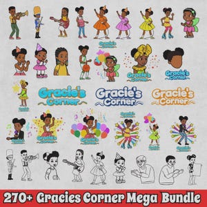 Peut inclure: Une collection d'illustrations numériques colorées représentant des enfants dans diverses poses, jouant d'instruments de musique, portant des chapeaux de fête et tenant des ballons. Le texte "Gracie's Corner" est affiché dans plusieurs designs, avec le texte "270+ Gracies Corner Mega Bundle".
