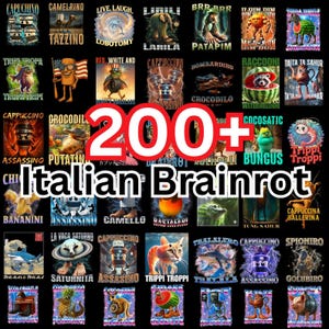 May include: A collection of over 200 unique graphic designs, featuring whimsical illustrations and text. The designs are displayed on a black background, with a variety of colors and styles. Text includes "Italian Brainrot".