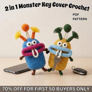 May include: Two crocheted monster key covers in blue and yellow, each with large eyes, open mouths, and whimsical antennae. One holds a key. The text reads "2 in 1 Monster Key Cover Crochet" and "PDF PATTERN".