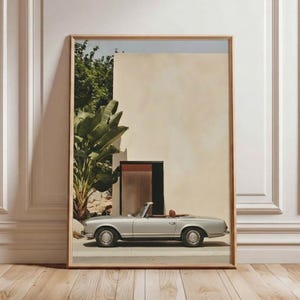 Plakat ze srebrnym Mercedesem SL W113, wydruk z luksusowym samochodem w stylu vintage, minimalistyczny wystrój śródziemnomorski, klasyczna niemiecka sztuka motoryzacyjna (pobranie cyfrowe)