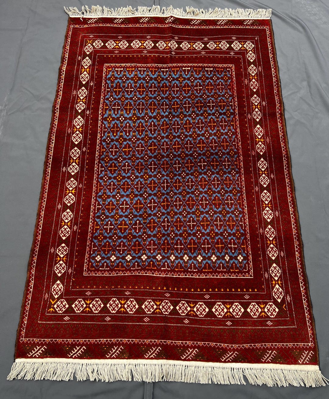 Vintage Afghan Yildiz Rug 6x4, Red, Blue, Ivory, Hand-knotted Turkmen ...
