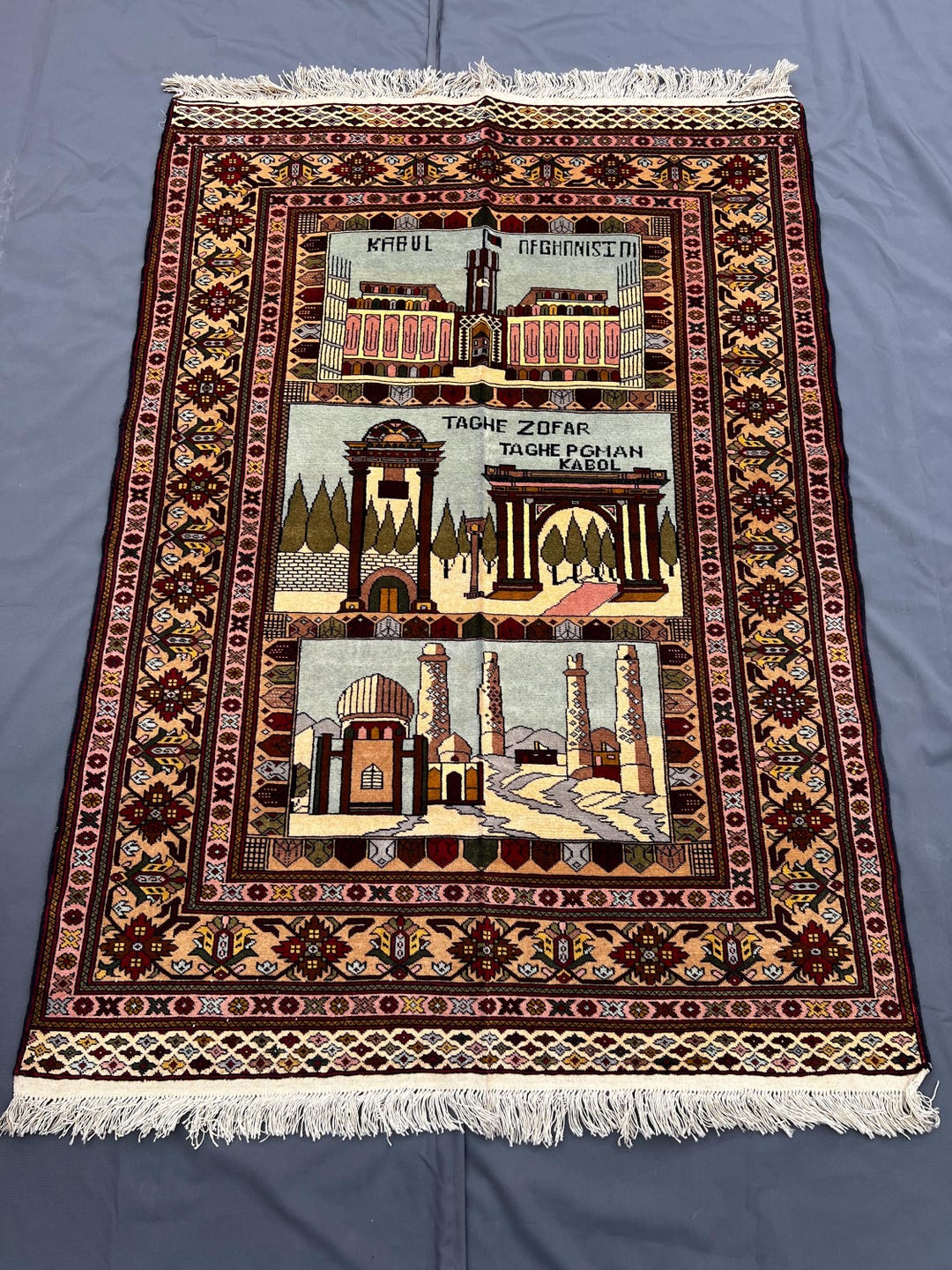 Kabul Rug Kabul Landscape Pictorial Rug 6x4, Burgundy, Beige, Sage Green, Terra ...