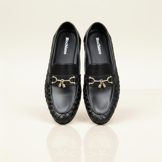 Black Woven Leather Loafers – Handmade Men’s Slip-On Shoes