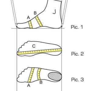 May include: Diagram illustrating how to measure a foot for shoe sizing. The image shows three different views: side profile, top view, and insole. Yellow measuring tapes are used to indicate the measurement points labeled A, B, and C. The text "Pic. 1", "Pic. 2", and "Pic. 3" are included.