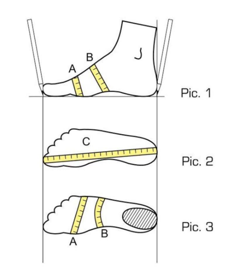 May include: Diagram illustrating how to measure a foot for shoe sizing. The image shows three different views: side profile, top view, and insole. Yellow measuring tapes are used to indicate the measurement points labeled A, B, and C. The text "Pic. 1", "Pic. 2", and "Pic. 3" are included.