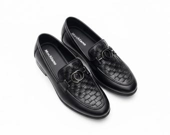 Black Woven Leather Loafers – Handmade Men’s Slip-On Shoes