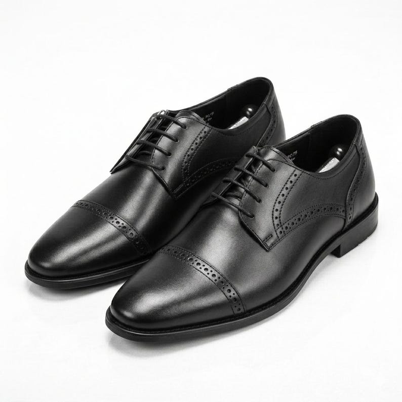 Handmade Black Leather Cap Toe Oxford Shoes: Men's Brogue Dress Shoes image 4