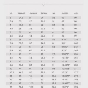 May include: A shoe size conversion chart for men, displaying sizes in US, Europe, Mexico, Japan, UK, inches, and centimeters. The chart includes sizes from US 3 to 16, with corresponding measurements in inches and centimeters. The text "men's shoe size chart" is at the top.