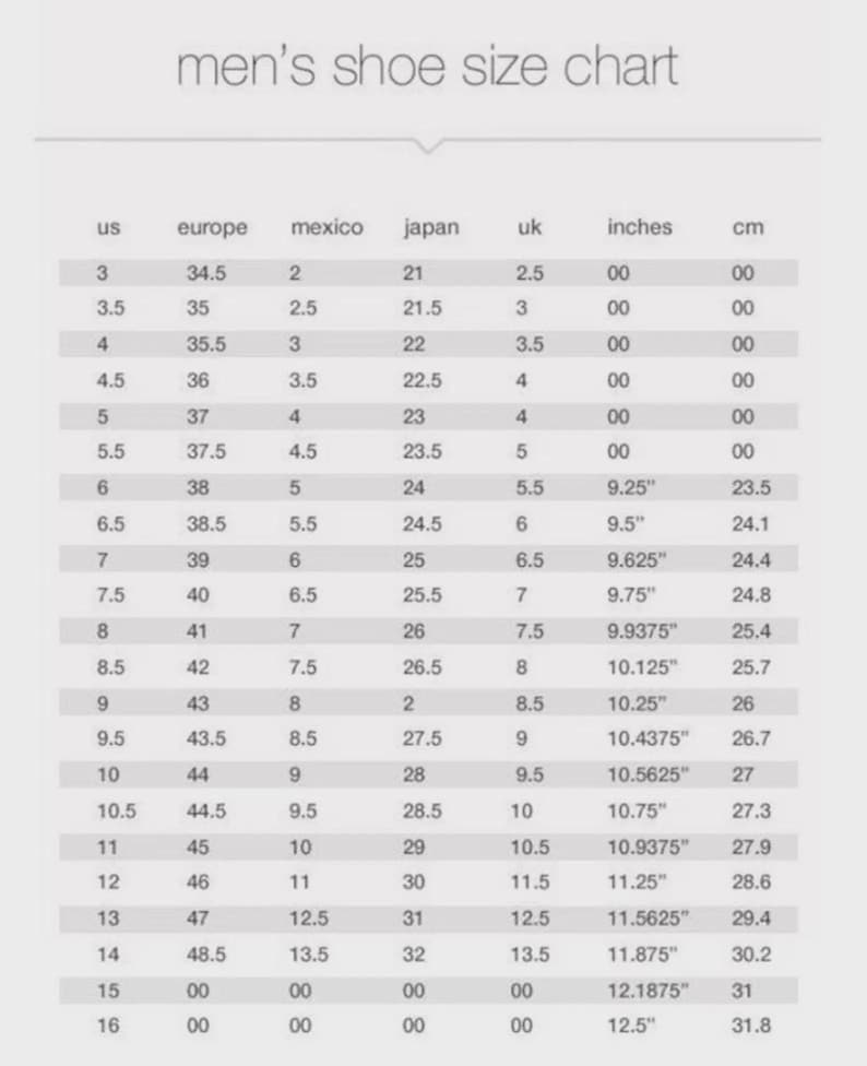 May include: A shoe size conversion chart for men, displaying sizes in US, Europe, Mexico, Japan, UK, inches, and centimeters. The chart includes sizes from US 3 to 16, with corresponding measurements in inches and centimeters. The text "men's shoe size chart" is at the top.
