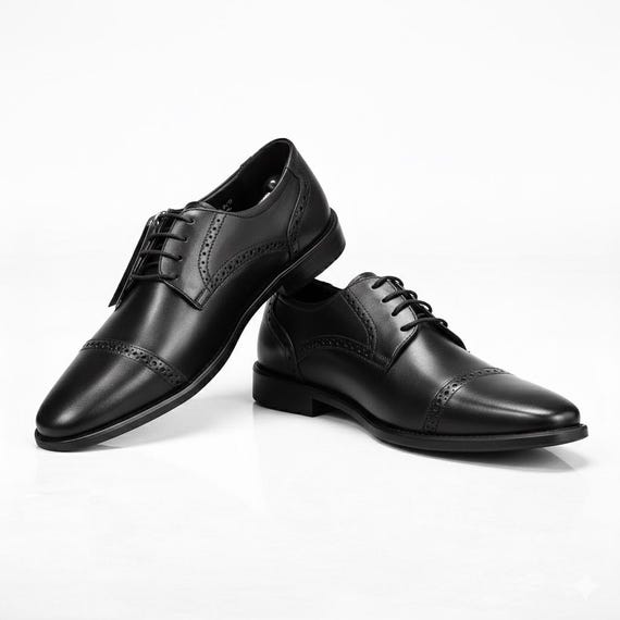 Handmade Black Leather Cap Toe Oxford Shoes: Men's Brogue Dress Shoes