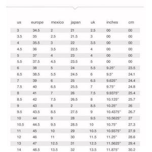 May include: A white chart titled "men's shoe size chart" with size conversions for US, Europe, Mexico, Japan, UK, inches, and cm. Includes sizes from US 3 to 16, with corresponding measurements in inches and centimeters.