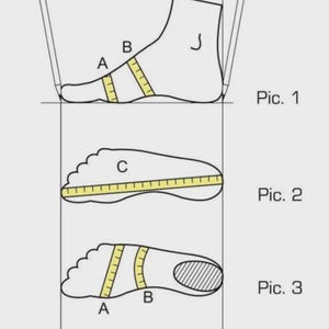 May include: Diagram illustrating foot measurement points for shoe sizing. The image shows three different views of a foot with labeled points A, B, and C, and the text "Pic. 1", "Pic. 2", and "Pic. 3".