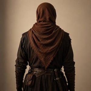 May include: A dark brown headscarf draped over the head and shoulders, worn with a dark long-sleeved tunic, a leather belt featuring metal studs, a small attached leather pouch, and matching leather forearm bracers with side lacing details.