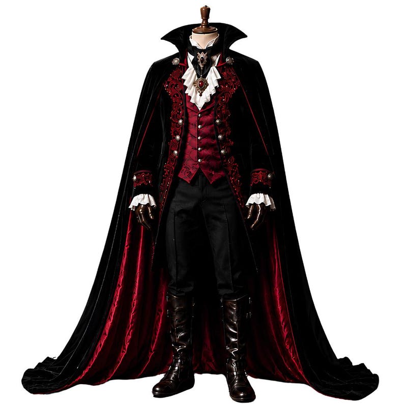 May include: A full-length costume featuring a black velvet cape with a deep red lining, a dark red patterned vest with silver buttons, a white ruffled cravat with a dark red gemstone pendant, black trousers, and dark brown leather boots.