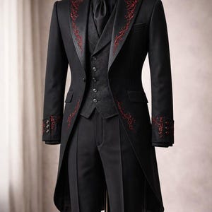 May include: A black tailcoat suit featuring a matching vest and trousers. The jacket has red embroidery along the lapels and cuffs, a single button closure, and a long tail. It is paired with a black dress shirt and a black necktie.