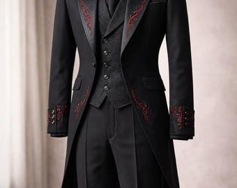Royal Black Gothic Long Coat Set -Victorian Embroidered Tailcoat Suit, Aristocrat Wedding Outfit, Gothic Wedding Coat, Cotton Trench Coat