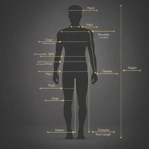 May include: A dark gray silhouette of a human figure against a dark background, featuring yellow lines and arrows indicating body measurements. Labels include Head, Neck, Shoulder, Chest, Belly, Waist, Hips, Thigh, Knee, Inseam, Sleeves, Outseam, and Height.