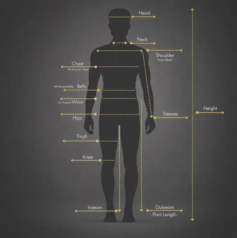 May include: A dark gray silhouette of a human figure against a dark background, featuring yellow lines and arrows indicating body measurements. Labels include Head, Neck, Shoulder, Chest, Belly, Waist, Hips, Thigh, Knee, Inseam, Sleeves, Outseam, and Height.