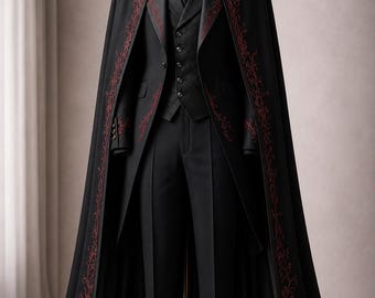 Black Red Gothic Vampire Suit with Cape, Victorian Embroidered Tailcoat, Steampunk Groom Wedding Tuxedo, Dracula Cosplay Custom Outfit Set