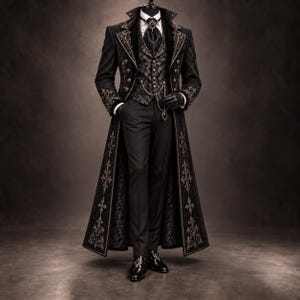 Può includere: Un cappotto lungo nero con intricati ricami grigio scuro, indossato sopra un gilet coordinato a motivi e una camicia bianca con colletto e cravattino nero. L'insieme include pantaloni neri, una catena per orologio da taschino dorata e scarpe eleganti nere.