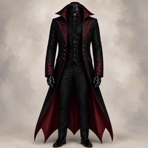 Victorian Gothic Red Embroidered Tailcoat – Vampire Black Cotton Long Wedding Masquerade Coat, Steampunk Gothic Dracula Cosplay Costume