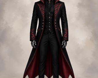May include: A black long coat with a high collar and red floral embroidery on the lapels and cuffs, featuring a deep red lining. The ensemble includes a black patterned vest, a black shirt with a red gemstone brooch, and black trousers.