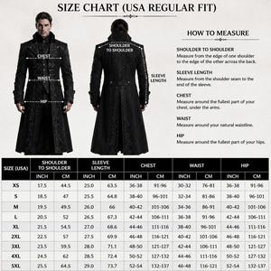 May include: A size chart for a long coat featuring a front and back view of the garment, text titled MEN LONG GOTHIC COAT SIZE CHART (USA REGULAR FIT), instructions on how to measure, and a table with measurements in inches and centimeters.
